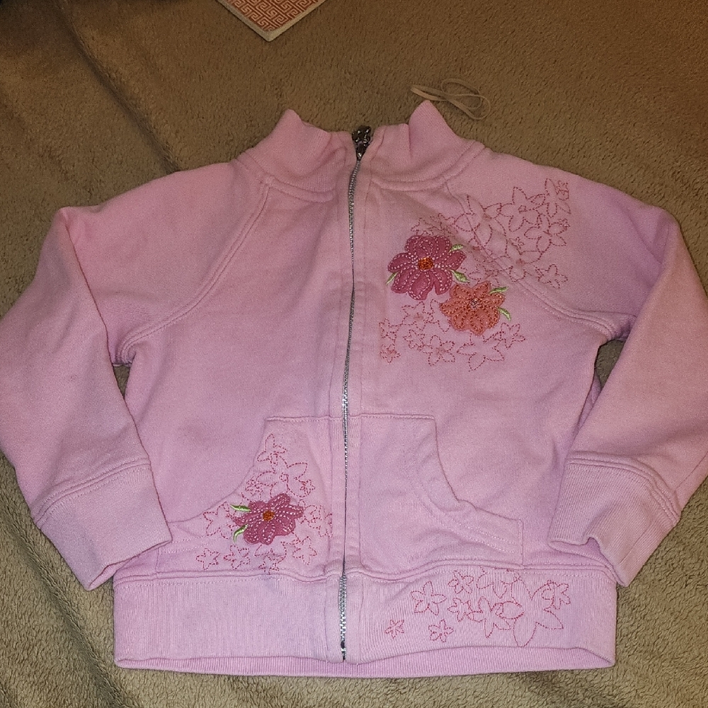 Sz 4 Sonoma Pink Terry Lightweight Zip-Up Jacket With Embroidered Flowers